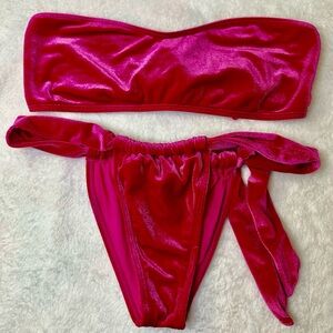 Nasty Gal Velvet Bandeau Knot Skimpy Bikini Top Waist Tie Bottom Hot Pink Size 8